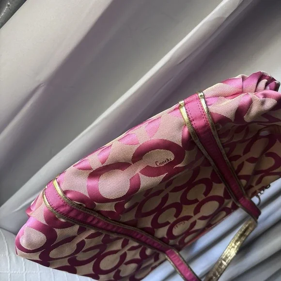 VTG Coach Pink Poppy Signature C Glam Tote Metallic Gold Trim Handbag Y2K - Picture 4 of 9